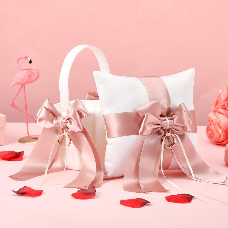 Ferrochef 2 Pcs Flower Girl Baskets and Ring Bearer Pillow Set Pink Satin Bowknot Flower Baskets White Ring Bearer Pillow Ivory Satin Wedding Fairy Decor for Wedding Party Ceremony - Image 5